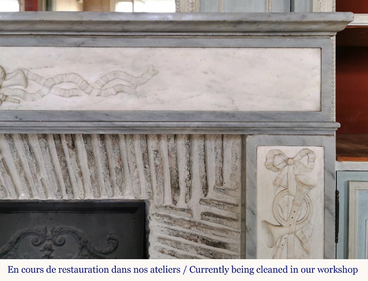 Louis XVI style mantel in statuary and Blue Turquin marbles with music instruments-11