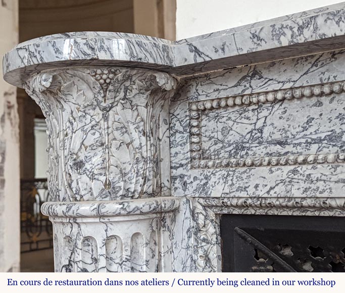 Beautiful Louis XVI style mantel with half columns in Bleu Fleuri marble-4