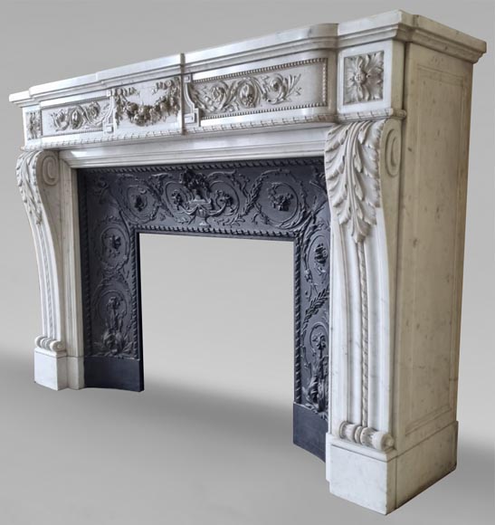 Beautiful white semi-statuary marble fireplace in the Louis XVI style-0