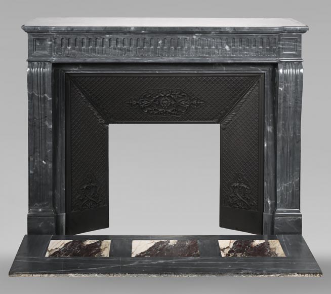 Louis XVI style fireplace with fluted entablature in dark Bleu Turquin marble-0