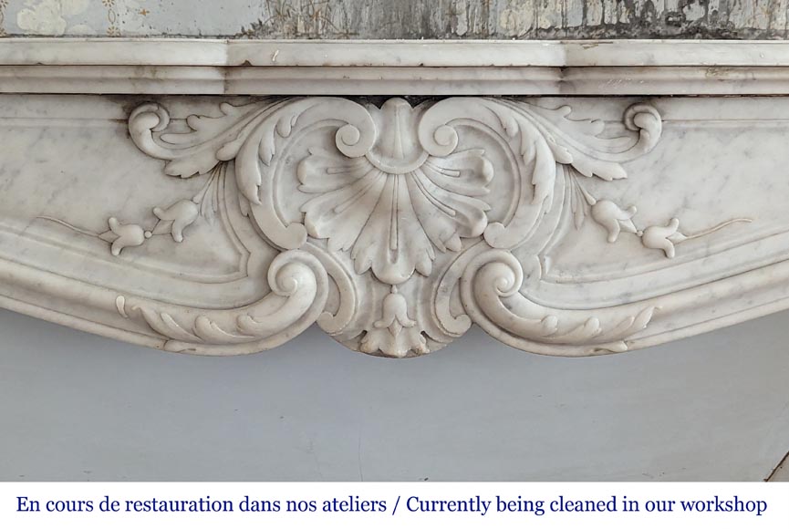Louis XV style mantel richly decorated with shells and acanthus leaves carved in Carrara marble-1