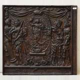 Cast iron fireback with the Four Virtues. - Reference 9161&nbsp;Width&nbsp;3' 4'' ⅛&nbsp;Height&nbsp;3' 1'' ¾