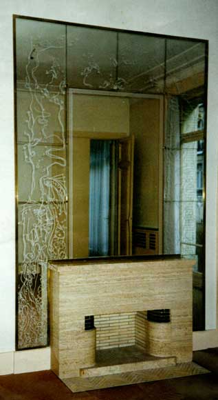 Mantel in travertine stone from the 1940's with surrounding wall of mirrors-0
