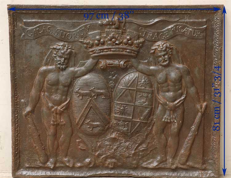 Antique cast iron fireback with De Jannel de Belval family coat of arms-11