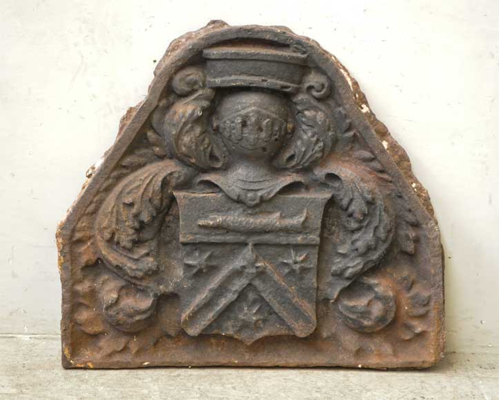 Antique fireback with Bretel de Gremonville coat of arms-0