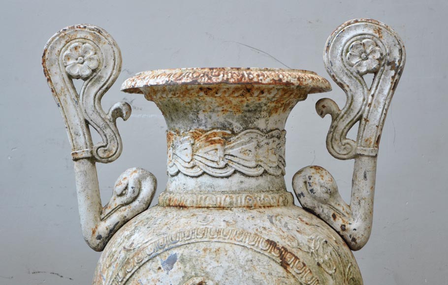 Antique pair of cast iron vases with putti-4