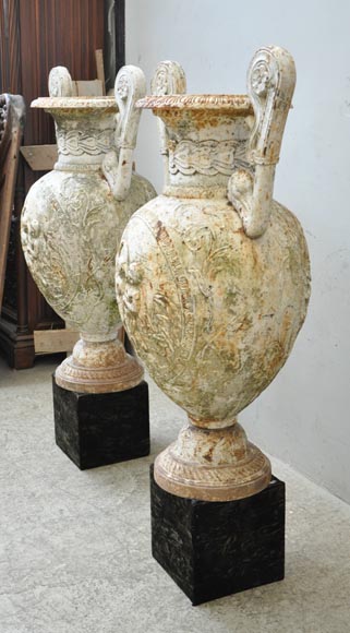 Antique pair of cast iron vases with putti-6