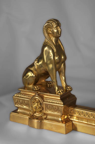 Antique firedog with sphinges decoration in golden bronze-2