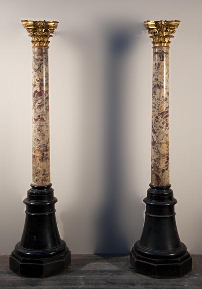 Antique pair of columns made out of Breche Violette and carved and gilded wood-0
