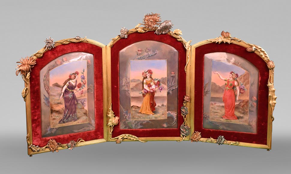 DORVAL, enameller- enamelled triptych with women with chrysanthemum flowers. DORVAL, enameller- enamelled triptych with women with chrysanthemum flowers.-0
