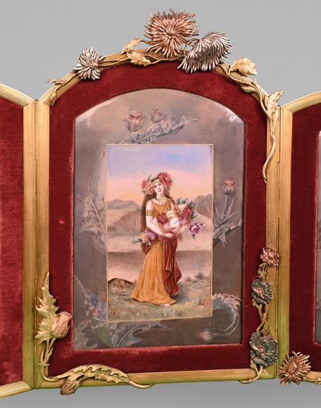 DORVAL, enameller- enamelled triptych with women with chrysanthemum flowers. DORVAL, enameller- enamelled triptych with women with chrysanthemum flowers.-1