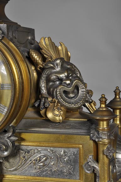 Antique Napoleon III style clock set in two patinas bronze with Antique Comedy masks decor Antique Napoleon III style clock set in two patinas bronze with Antique Comedy masks decor-2