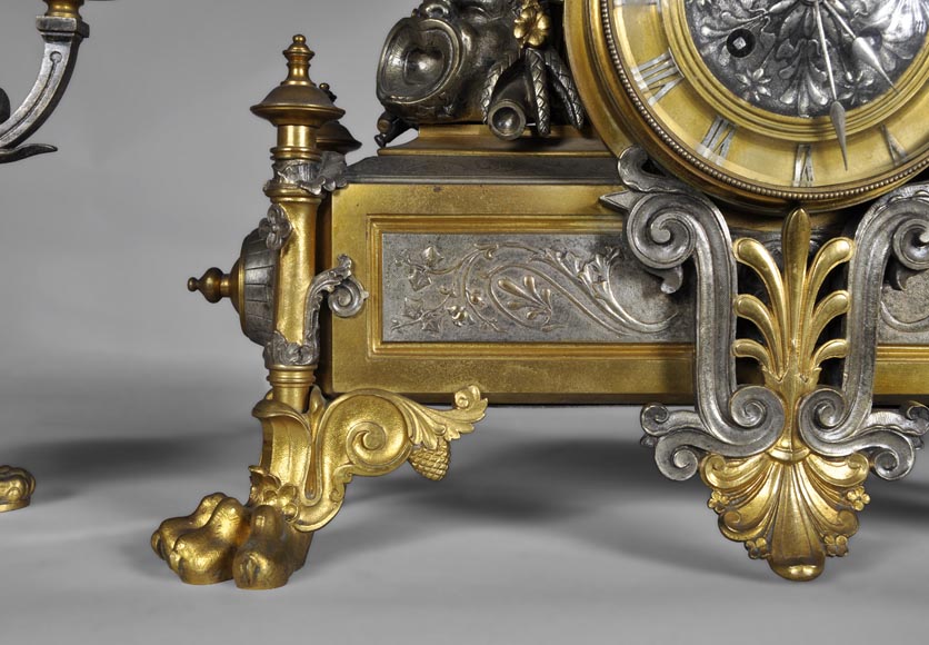 Antique Napoleon III style clock set in two patinas bronze with Antique Comedy masks decor Antique Napoleon III style clock set in two patinas bronze with Antique Comedy masks decor-3