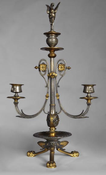 Antique Napoleon III style clock set in two patinas bronze with Antique Comedy masks decor Antique Napoleon III style clock set in two patinas bronze with Antique Comedy masks decor-4