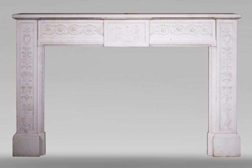 Carrara marble mantel with Vulcan's forge cartouche Carrara marble mantel with Vulcan's forge cartouche-0