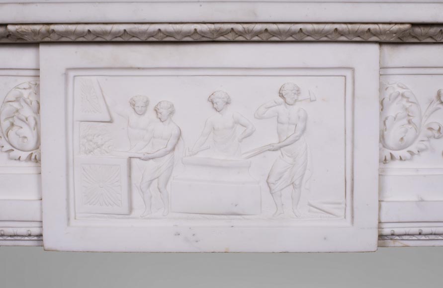 Carrara marble mantel with Vulcan's forge cartouche Carrara marble mantel with Vulcan's forge cartouche-1