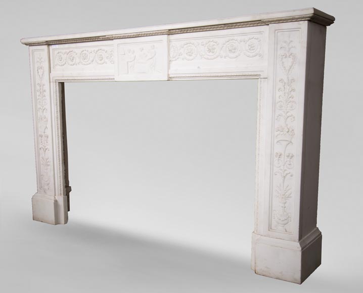Carrara marble mantel with Vulcan's forge cartouche Carrara marble mantel with Vulcan's forge cartouche-9