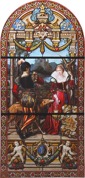 « Leaving for the Hunt , Important enamelled stained glass window by Maison Lorin coming from the Château des Ollières in Nice, France