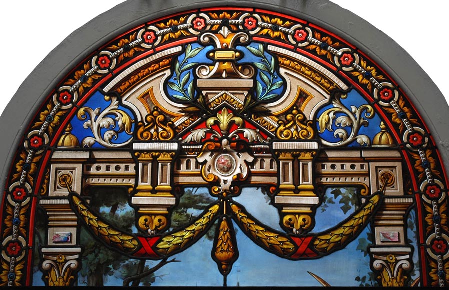 « Leaving for the Hunt , Important enamelled stained glass window by Maison Lorin coming from the Château des Ollières in Nice, France « Leaving for the Hunt , Important enamelled stained glass window by Maison Lorin coming from the Château des Ollières in Nice, France-1