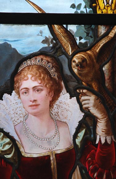 « Leaving for the Hunt , Important enamelled stained glass window by Maison Lorin coming from the Château des Ollières in Nice, France « Leaving for the Hunt , Important enamelled stained glass window by Maison Lorin coming from the Château des Ollières in Nice, France-2