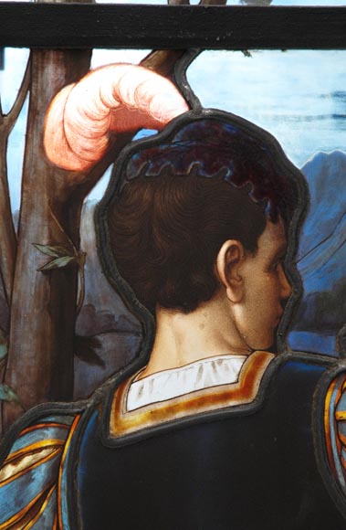 « Leaving for the Hunt , Important enamelled stained glass window by Maison Lorin coming from the Château des Ollières in Nice, France « Leaving for the Hunt , Important enamelled stained glass window by Maison Lorin coming from the Château des Ollières in Nice, France-3