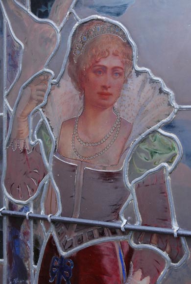 « Leaving for the Hunt , Important enamelled stained glass window by Maison Lorin coming from the Château des Ollières in Nice, France « Leaving for the Hunt , Important enamelled stained glass window by Maison Lorin coming from the Château des Ollières in Nice, France-11