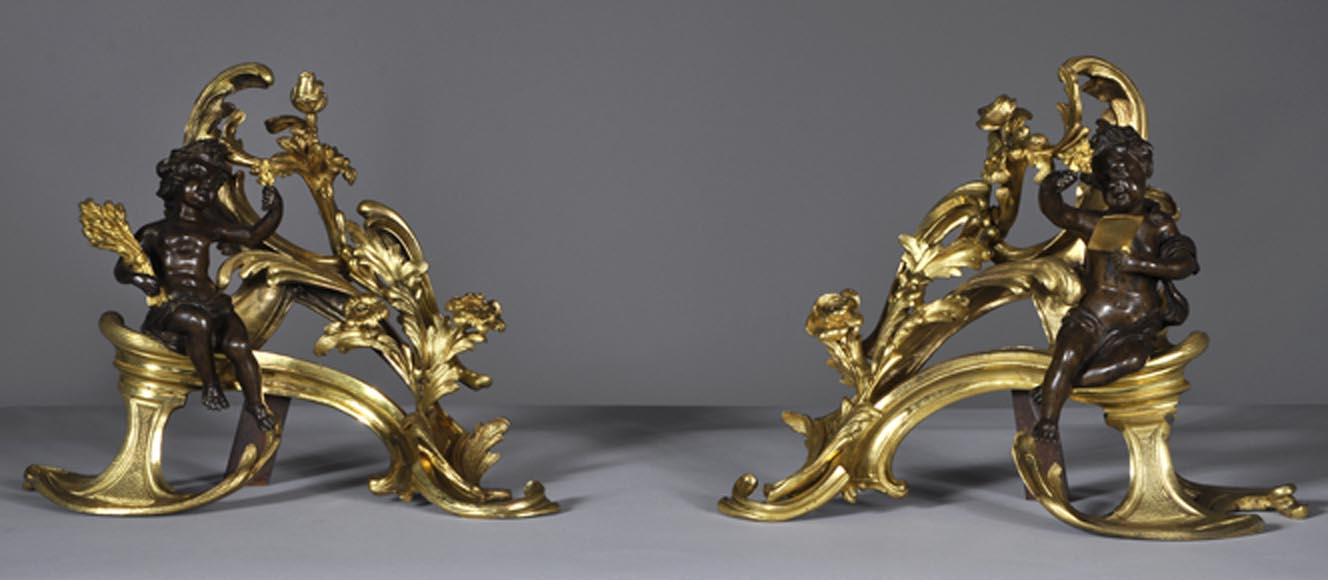 Beautiful pair and antique Louis XV period andirons with Summer Allegories made out of gilded bronze and brown patina bronze Beautiful pair and antique Louis XV period andirons with Summer Allegories made out of gilded bronze and brown patina bronze-0