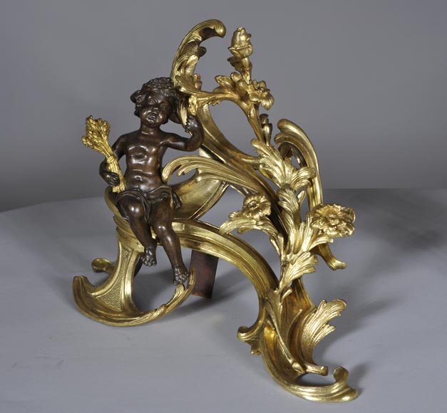 Beautiful pair and antique Louis XV period andirons with Summer Allegories made out of gilded bronze and brown patina bronze Beautiful pair and antique Louis XV period andirons with Summer Allegories made out of gilded bronze and brown patina bronze-3