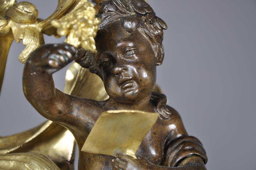 Beautiful pair and antique Louis XV period andirons with Summer Allegories made out of gilded bronze and brown patina bronze Beautiful pair and antique Louis XV period andirons with Summer Allegories made out of gilded bronze and brown patina bronze-6