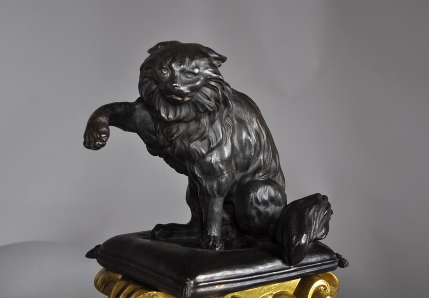 Antique pair of gilded bronze and brown patina bronze andirons with cat and dog decor Antique pair of gilded bronze and brown patina bronze andirons with cat and dog decor-3