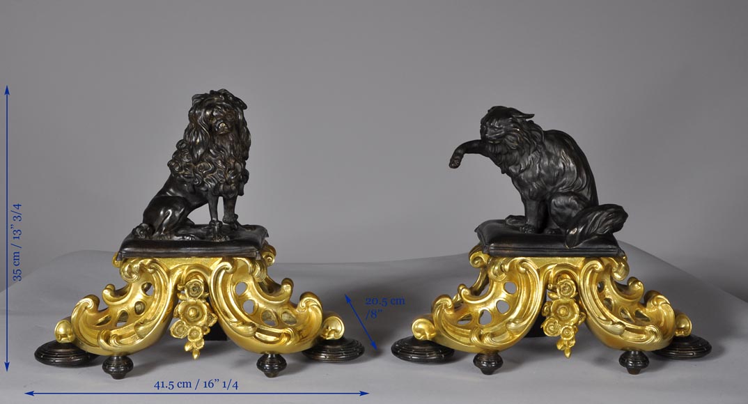 Antique pair of gilded bronze and brown patina bronze andirons with cat and dog decor Antique pair of gilded bronze and brown patina bronze andirons with cat and dog decor-7
