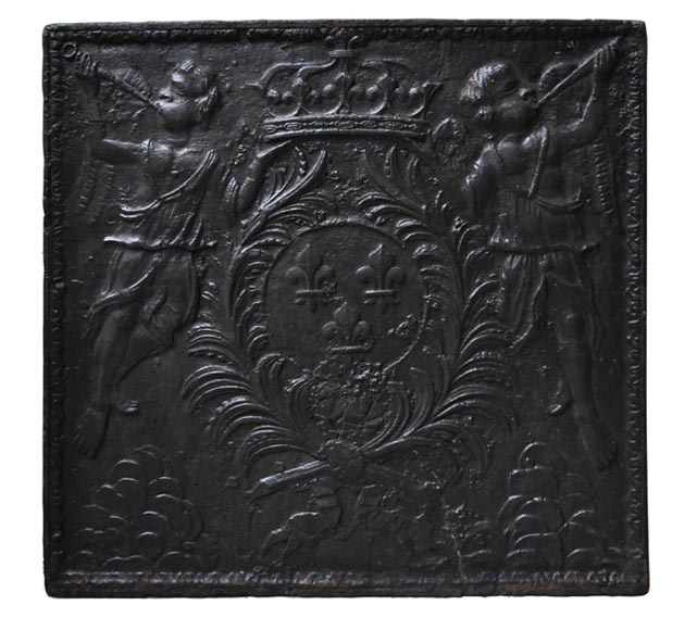 Antique cast iron fireback with French coat of Arms and angels Antique cast iron fireback with French coat of Arms and angels-0