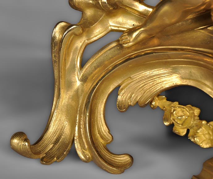 Antique Louis XV style andirons made out of gilded bronze with putti decor Antique Louis XV style andirons made out of gilded bronze with putti decor-7