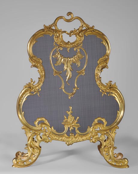 Antique Louis XV style gilt-bronze fire screen, 19th century, foliages and flowers decor Antique Louis XV style gilt-bronze fire screen, 19th century, foliages and flowers decor-0