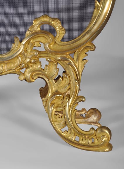 Antique Louis XV style gilt-bronze fire screen, 19th century, foliages and flowers decor-4