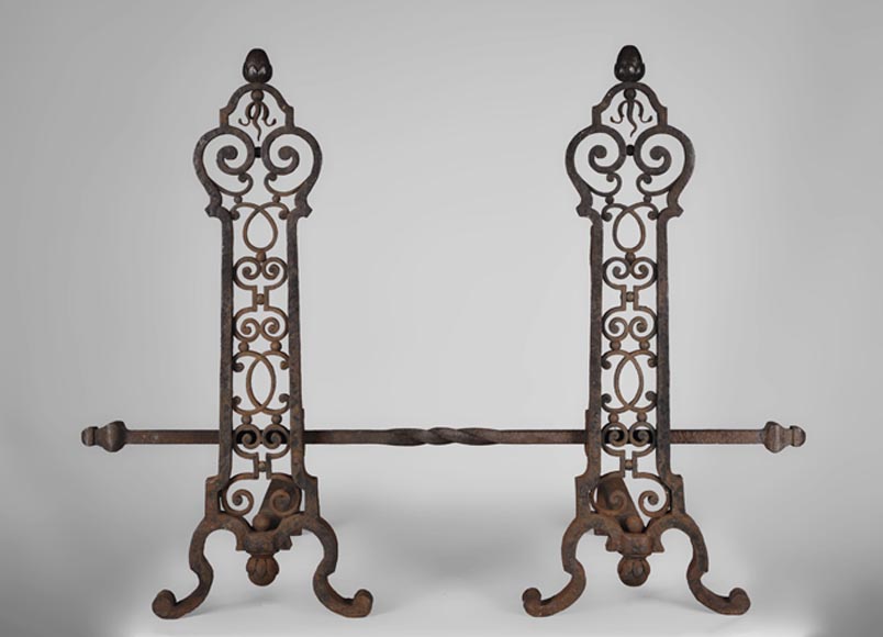 Important pair of wrought iron andirons, 19th century Important pair of wrought iron andirons, 19th century-0