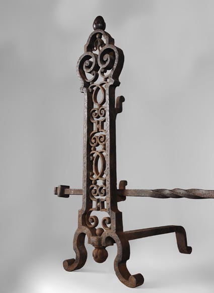 Important pair of wrought iron andirons, 19th century Important pair of wrought iron andirons, 19th century-4