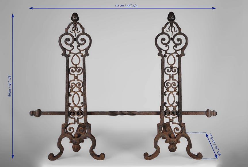 Important pair of wrought iron andirons, 19th century Important pair of wrought iron andirons, 19th century-8
