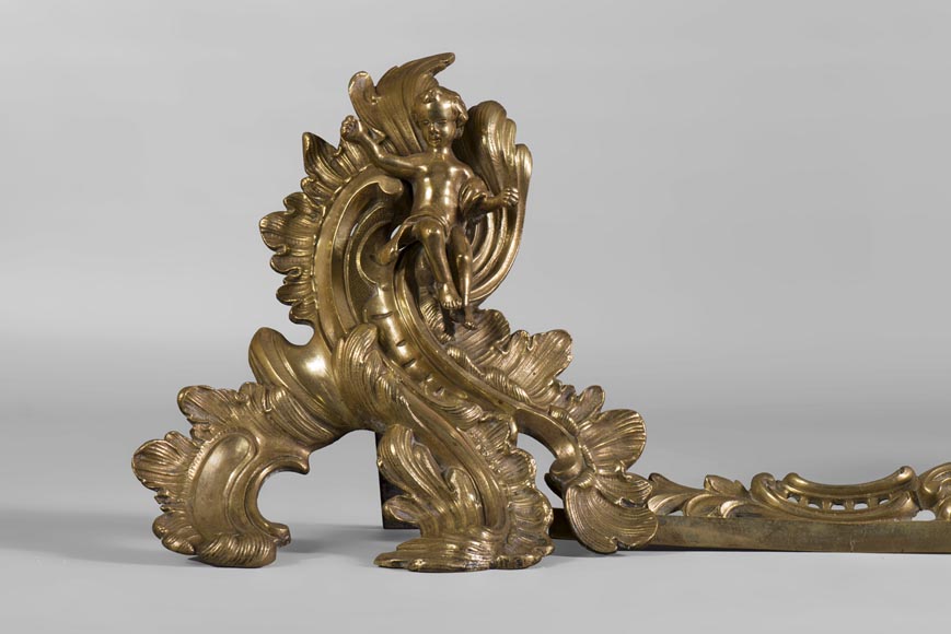 Beautiful Louis XV Style gilt bronze fire fender with children and foliages Beautiful Louis XV Style gilt bronze fire fender with children and foliages-1