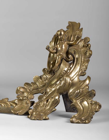 Beautiful Louis XV Style gilt bronze fire fender with children and foliages Beautiful Louis XV Style gilt bronze fire fender with children and foliages-3