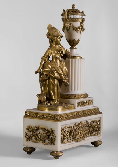 Rare Louis XVI style clock with turning dial with young shepherdess decor, Statuary marble and gilt bronze-1