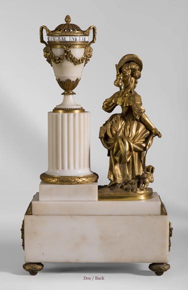 Rare Louis XVI style clock with turning dial with young shepherdess decor, Statuary marble and gilt bronze-8