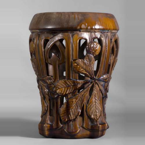 Rare Art Nouveau ceramic stool with chestnut leaves decor