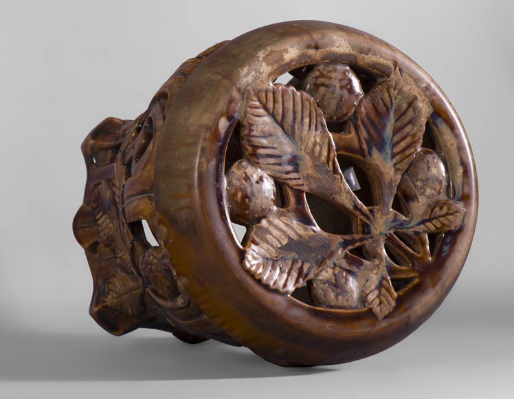 Rare Art Nouveau ceramic stool with chestnut leaves decor Rare Art Nouveau ceramic stool with chestnut leaves decor-4