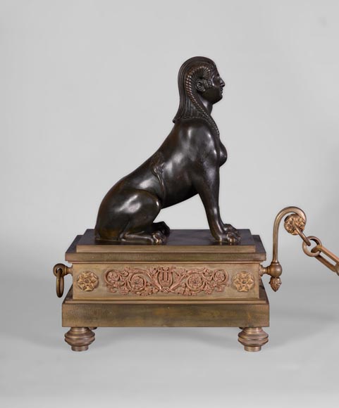Antique Empire style pair of andirons with Sphinxes, gilt bronze and brown patina bronze Antique Empire style pair of andirons with Sphinxes, gilt bronze and brown patina bronze-1