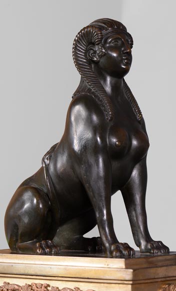 Antique Empire style pair of andirons with Sphinxes, gilt bronze and brown patina bronze Antique Empire style pair of andirons with Sphinxes, gilt bronze and brown patina bronze-2