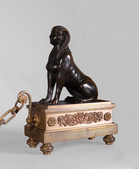 Antique Empire style pair of andirons with Sphinxes, gilt bronze and brown patina bronze Antique Empire style pair of andirons with Sphinxes, gilt bronze and brown patina bronze-3