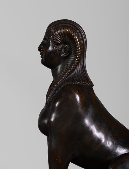 Antique Empire style pair of andirons with Sphinxes, gilt bronze and brown patina bronze Antique Empire style pair of andirons with Sphinxes, gilt bronze and brown patina bronze-4