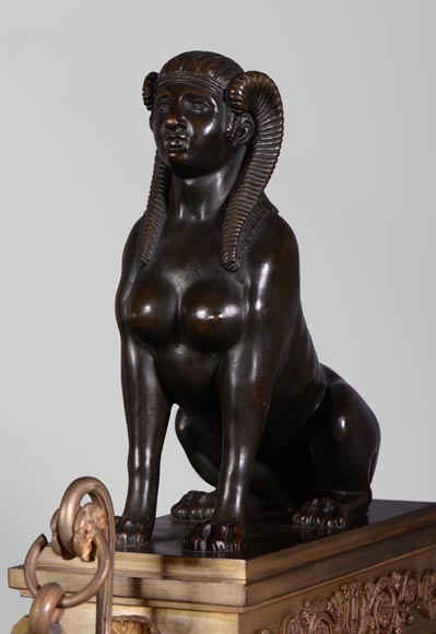Antique Empire style pair of andirons with Sphinxes, gilt bronze and brown patina bronze Antique Empire style pair of andirons with Sphinxes, gilt bronze and brown patina bronze-5