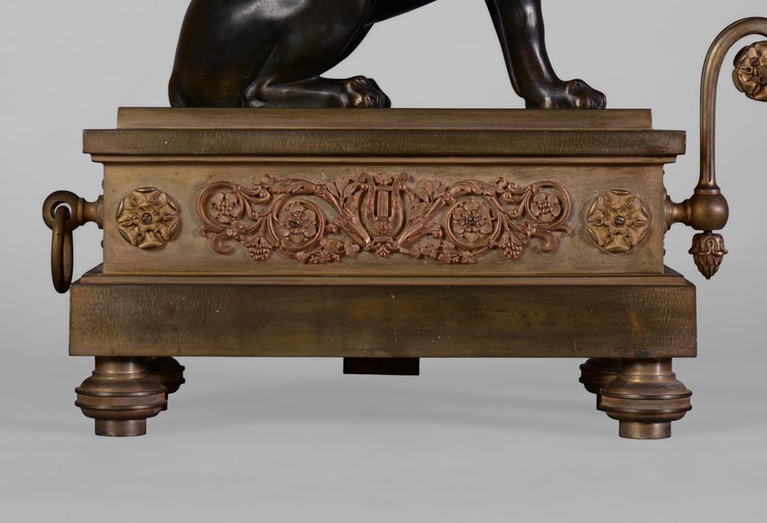 Antique Empire style pair of andirons with Sphinxes, gilt bronze and brown patina bronze Antique Empire style pair of andirons with Sphinxes, gilt bronze and brown patina bronze-6